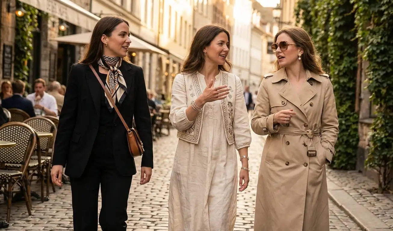 Three girls in the city, different outfits